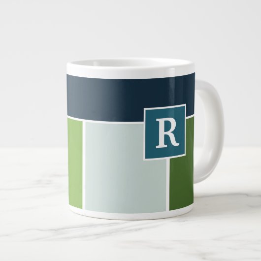 Big Stripes in blauw en groen met Monogram Grote Koffiekop (Voorkant rechts)
