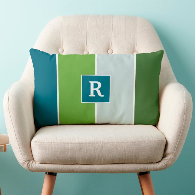 Big Stripes in blauw en groen met Monogram Kussen (pillow in blue and green stripes with monogram)