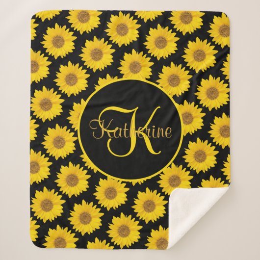 Big Sunflower Monogram Geel en Zwart Sherpa Deken (Voorkant)