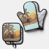 Big Sunset Hawaiian Stripe Surfers - Aqua & Brown Ovenwant & Pannenlap Set (Voorkant / Achterkant)