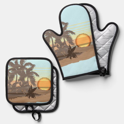 Big Sunset Hawaiian Stripe Surfers - Aqua & Brown Ovenwant & Pannenlap Set (Voorkant / Achterkant)