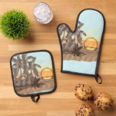 Big Sunset Hawaiian Stripe Surfers - Aqua & Brown Ovenwant & Pannenlap Set (Top down)