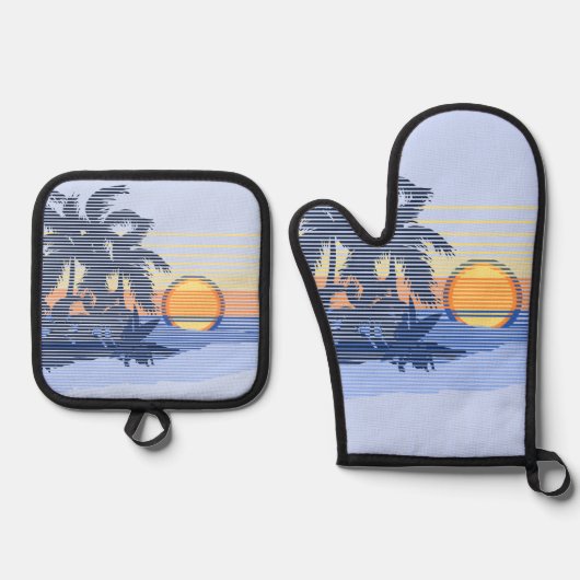 Big Sunset Hawaiian Stripe Surfers - Blauw en Oran Ovenwant & Pannenlap Set (Voorkant)