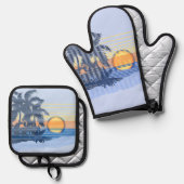 Big Sunset Hawaiian Stripe Surfers - Blauw en Oran Ovenwant & Pannenlap Set (Voorkant / Achterkant)