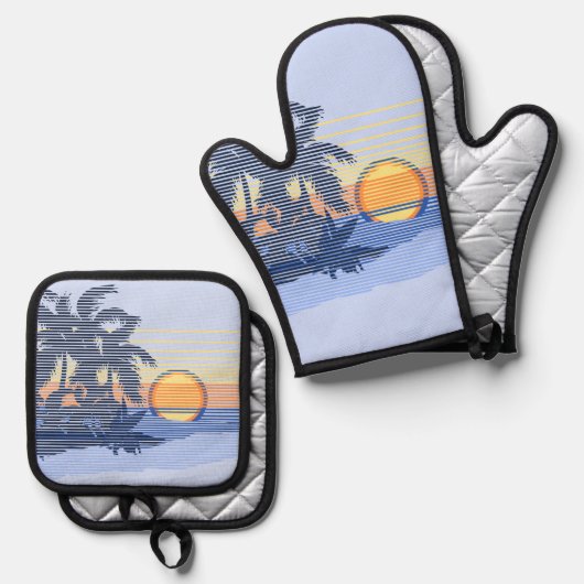 Big Sunset Hawaiian Stripe Surfers - Blauw en Oran Ovenwant & Pannenlap Set (Voorkant / Achterkant)