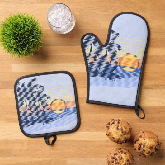 Big Sunset Hawaiian Stripe Surfers - Blauw en Oran Ovenwant & Pannenlap Set (Top down)