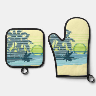 Big Sunset Hawaiian Stripe Surfers - Geel & Blauwg Ovenwant & Pannenlap Set