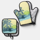 Big Sunset Hawaiian Stripe Surfers - Geel & Blauwg Ovenwant & Pannenlap Set (Voorkant / Achterkant)