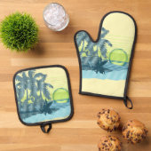 Big Sunset Hawaiian Stripe Surfers - Geel & Blauwg Ovenwant & Pannenlap Set (Top down)