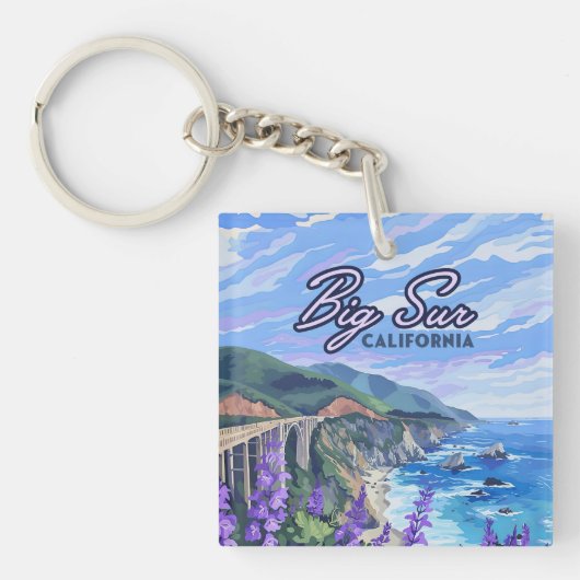 Big Sur California Coastline Retro Westkust Kaart Sleutelhanger (Voorkant)