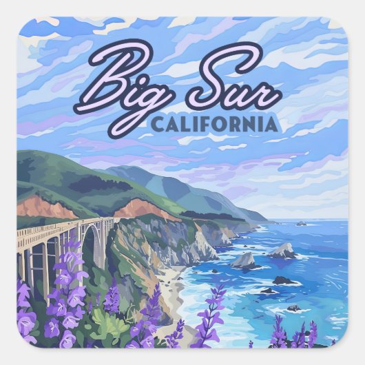Big Sur California Kustlijn Retro Westkust Vierkante Sticker (Voorkant)