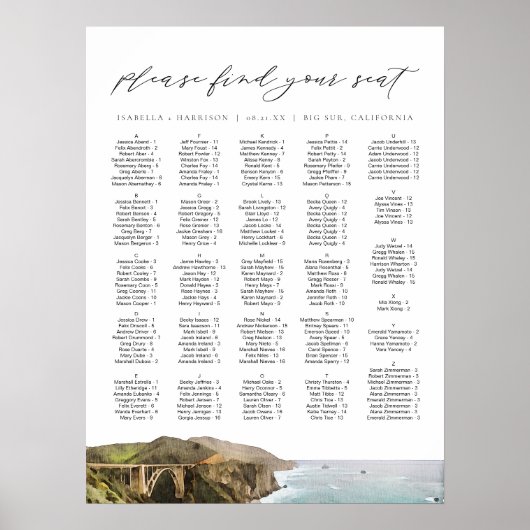 BIG SUR CALIFORNIA Skyline Wedding Seding Chart Poster (Voorkant)