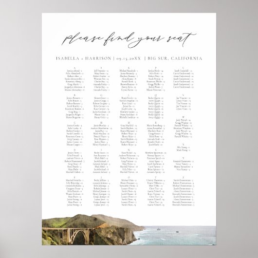 BIG SUR CALIFORNIA Skyline Wedding Seding Chart Poster (Voorkant)