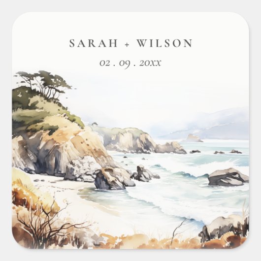 Big Sur, California Watercolor Landscape Wedding Vierkante Sticker (Voorkant)