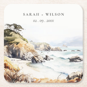 Big Sur, Californië Aquarel Landschap Bruiloft Kartonnen Onderzetters
