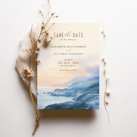Big Sur Californië Sunset Waterverf Save the Date Kaart
