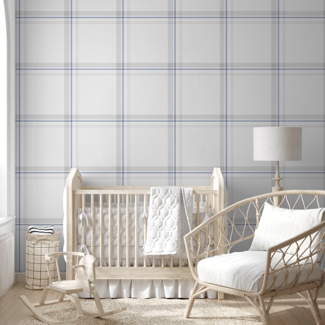 Big Tartan Plaid Gingham Geruit Blauw Grijs Behang (Kinderen)