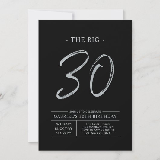 Big Thirty | Zilver & Zwart 30ste verjaardagsfeest Kaart (Voorkant)