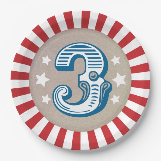 Big Three Circus Big Top Derde Verjaardag Bord (Voorkant)