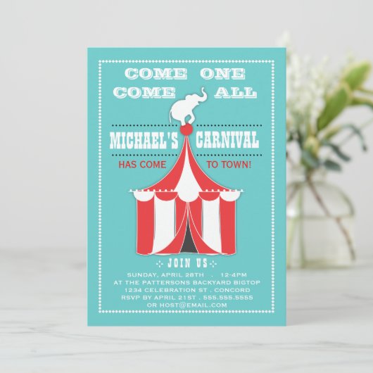 Big Top Carnival Birthday Party Turquoise | Rood Kaart (Staand voorkant)