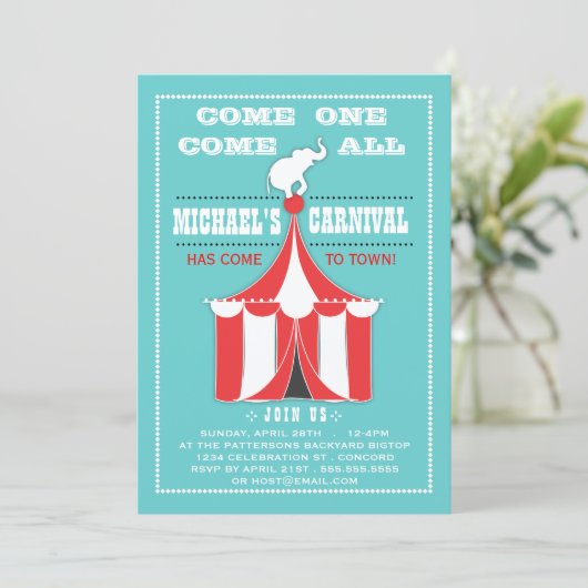 Big Top Carnival Birthday Party Turquoise | Rood Kaart (Staand voorkant)