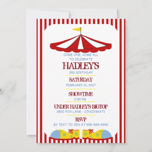Big Top Circus Birthday Party Invitation Kaart (Voorkant)