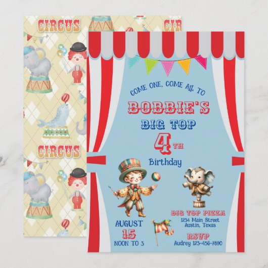 Big Top Circus Birthday Uitnodiging (Voorkant / Achterkant)