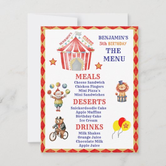 Big Top Circus Carnaval 5e verjaardag Budget Menu (Voorkant)