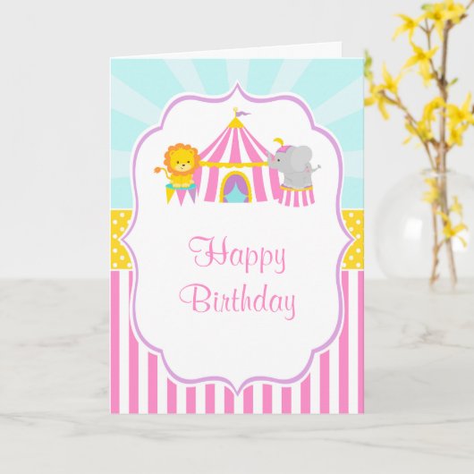 Big Top Circus Carnaval Verjaardag in Roze Verjaar Kaart (Gele Bloem)