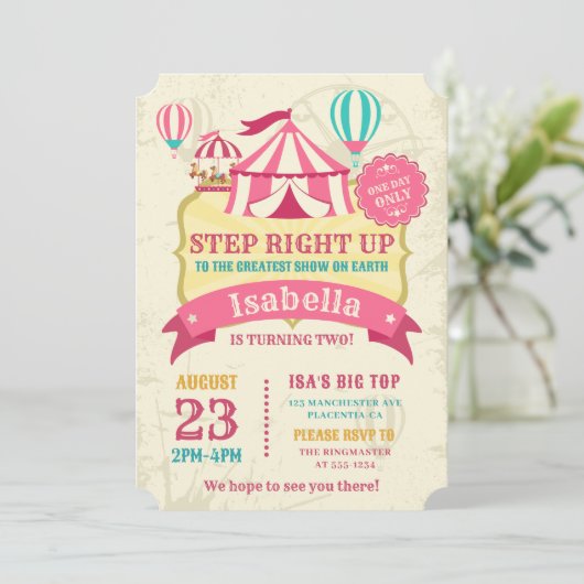 Big Top Circus Carnaval Verjaardag Meisje Party Ro Kaart (Staand voorkant)