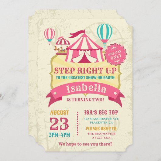 Big Top Circus Carnaval Verjaardag Meisje Party Ro Kaart (Voorkant / Achterkant)