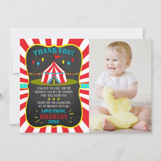 Big Top Circus Carnival Chalkboard 1ste verjaardag Bedankkaart (Voorkant)