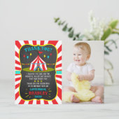 Big Top Circus Carnival Chalkboard 1ste verjaardag Bedankkaart (Staand voorkant)