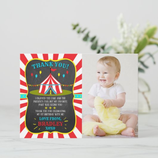 Big Top Circus Carnival Chalkboard 1ste verjaardag Bedankkaart (Staand voorkant)