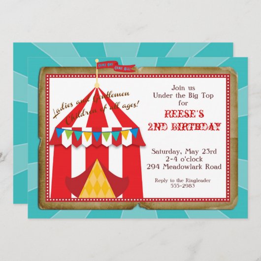 Big Top Circus-uitnodiging Kaart (Voorkant / Achterkant)