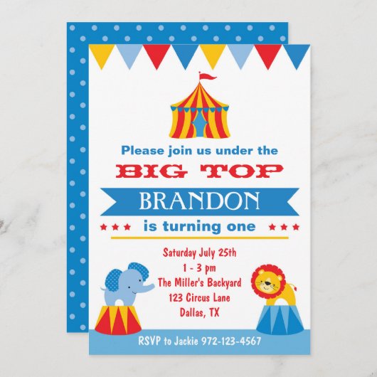 Big Top Circus-uitnodiging Kaart (Voorkant / Achterkant)