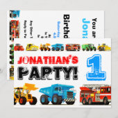 Big Trucks 1st Birthday Party Kaart (Voorkant / Achterkant)