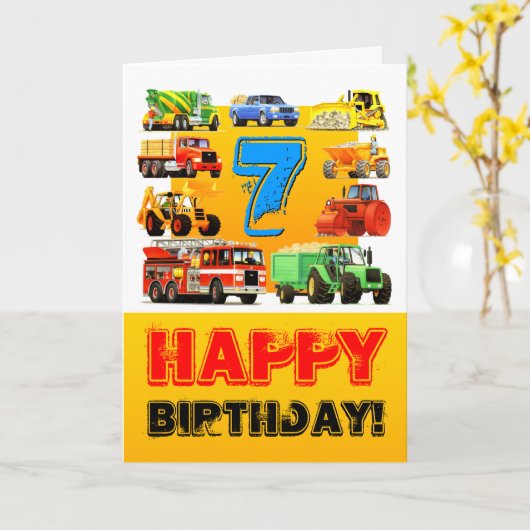 Big Trucks 7e verjaardag Kaart (Gele Bloem)