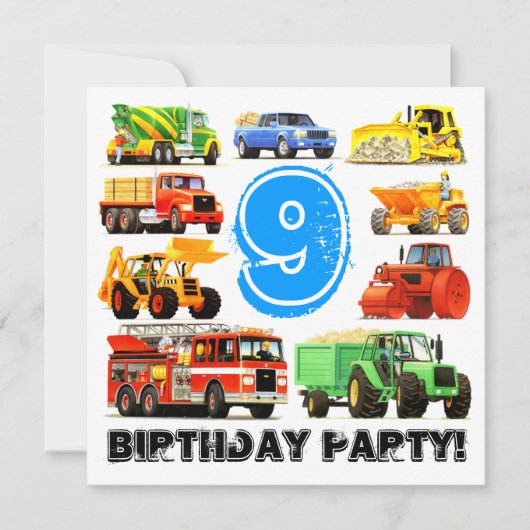 Big Trucks 9th Birthday Party Kaart (Voorkant)