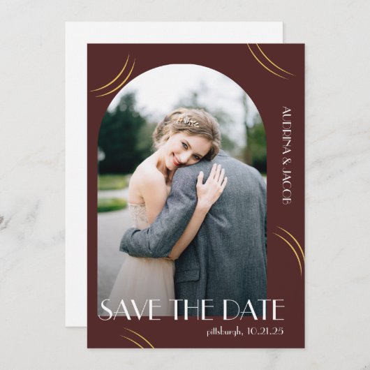 Big Typography Burgundy Photo Wedding Save The Date (Voorkant / Achterkant)