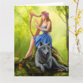 Big Wenskaart Fantasy girl fee en wolf Kaart (Gele Bloem)