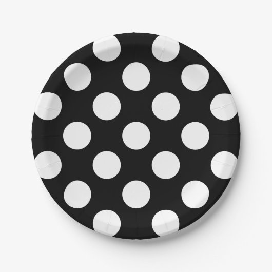 Big White Polka Dots op Raven Black Papieren Bordje (Voorkant)