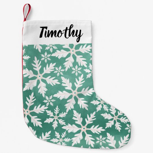 Big White Snowflakes Falling Green Background Kleine Kerstsok (Voorkant)