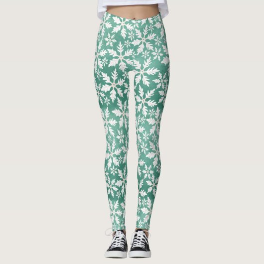Big White Snowflakes Falling Green Background Leggings (Voorkant)