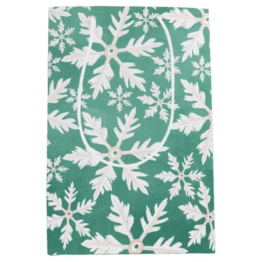 Big White Snowflakes Falling Green Background Medium Cadeauzakje (Voorkant)