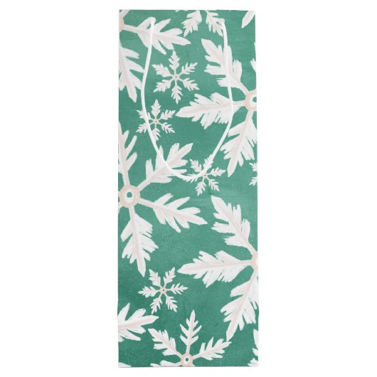 Big White Snowflakes Falling Green Background Wijn Cadeautas (Achterkant)