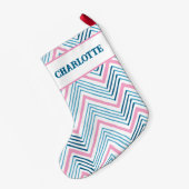 Big Zag Chevron in Pink + Aqua Personalized Kleine Kerstsok (Achterkant (Hangend))