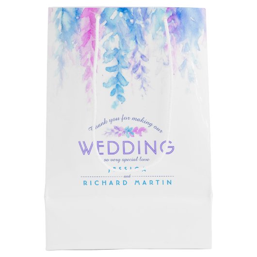 Bigende blauwe roze bloemen dank je cadeautas (Achterkant)