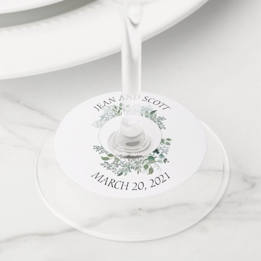 Bigende groene olievlek Botanische Leaves Marker Wijnglaslabel (Dichtbij)