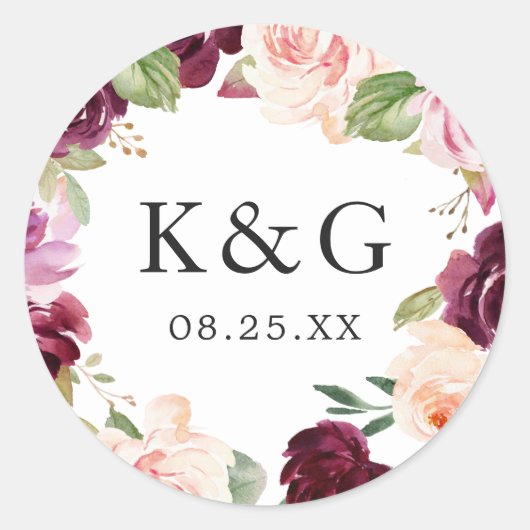 Bigende Initialen Plum Paars Blush Floral Wreater Ronde Sticker (Voorkant)